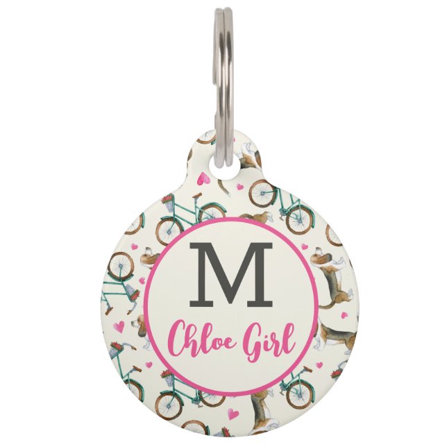 女の子っぽくておしゃれな自転車 犬 ピンク 筆記体 名前 丸 ペット　ネームタグ (正面)
