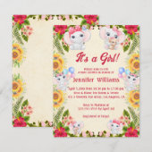 女の子ですよ、ゾウのトロピカルピンクのベイビーシャワー 招待状 (正面/裏面)