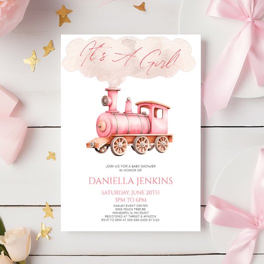女の子です！ピンクのヴィンテージ列車ベイビーシャワー 招待状