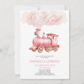 女の子です！ピンクのヴィンテージ列車ベイビーシャワー 招待状 (正面)