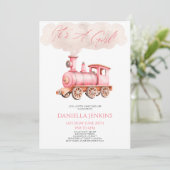 女の子です！ピンクのヴィンテージ列車ベイビーシャワー 招待状 (スタンド正面)