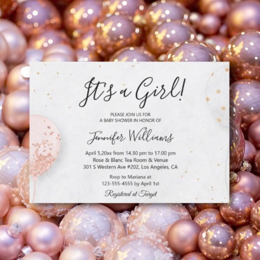 女の子です, ピンクの風船 ミニマル ベビーシャワー 招待状