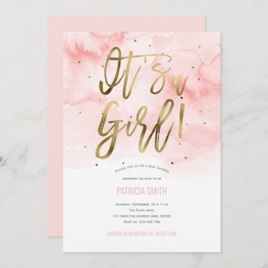 女の子です, ピンク, 水彩, ベビーガールシャワー 招待状 (正面/裏面)