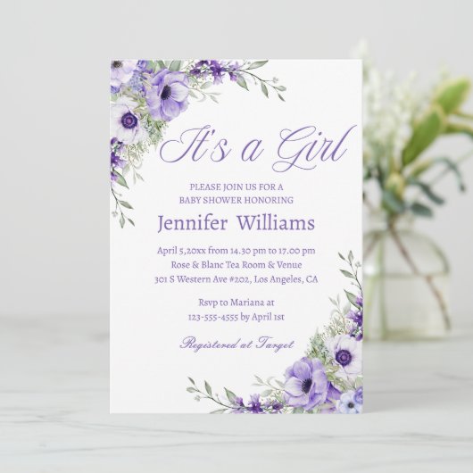 女の子で水彩紫色の花の赤ちゃんシャワー 招待状 (スタンド正面)