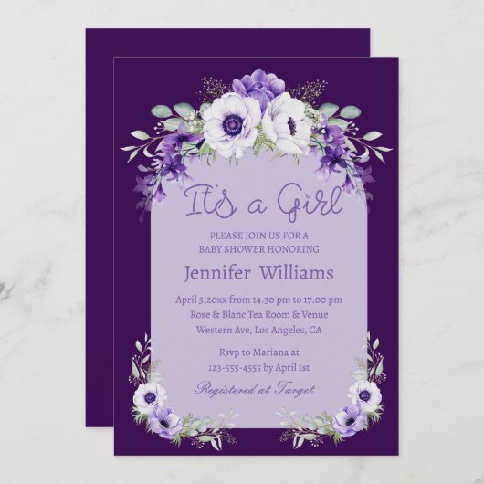 女の子で水色の紫の赤ちゃんシャワーフローラ 招待状 (正面/裏面)