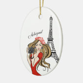 女の子とエッフェルタワーブラックレッドクリスマス セラミックオーナメント (左)