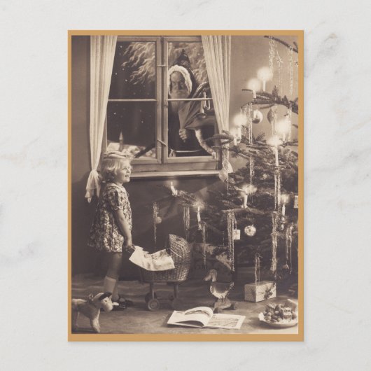 女の子とクリスマスツリーのヴィンテージはがき シーズンポストカード (正面)
