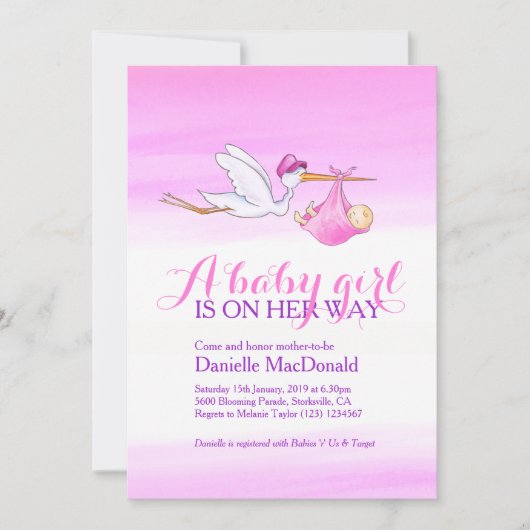 女の子とコウノトリベビーシャワー招待状 招待状 (正面)