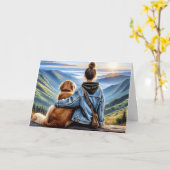 女の子とゴールデン考えレトリバーの君 カード (黄色い花)