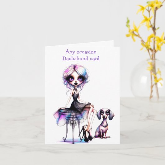 女の子とダックスフンドの犬のカード カード (黄色い花)