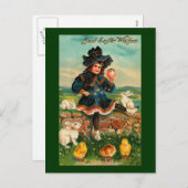 女の子とチックス&ウサギヴィンテージ復活祭 シーズンポストカード (正面/裏面)