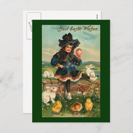 女の子とチックス&ウサギヴィンテージ復活祭 シーズンポストカード (正面/裏面)