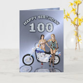 女の子とバイクで100歳の誕生日 カード (黄色い花)