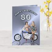 女の子とバイクで80歳の誕生日 カード (黄色い花)
