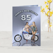 女の子とバイクで85歳の誕生日 カード (黄色い花)