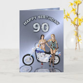女の子とバイクで90歳の誕生日 カード (黄色い花)