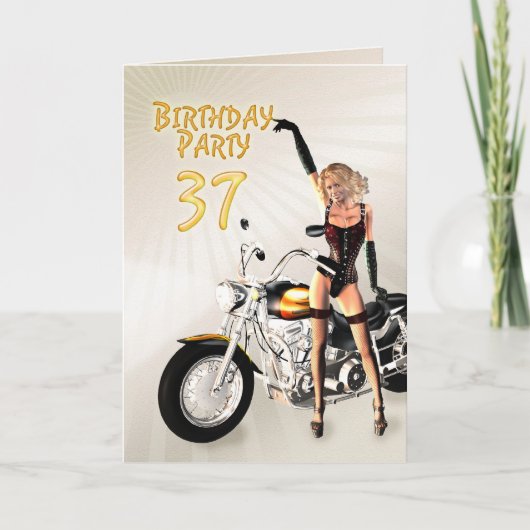 女の子とバイクを持つ37歳の誕生日パーティー 招待状 (正面)