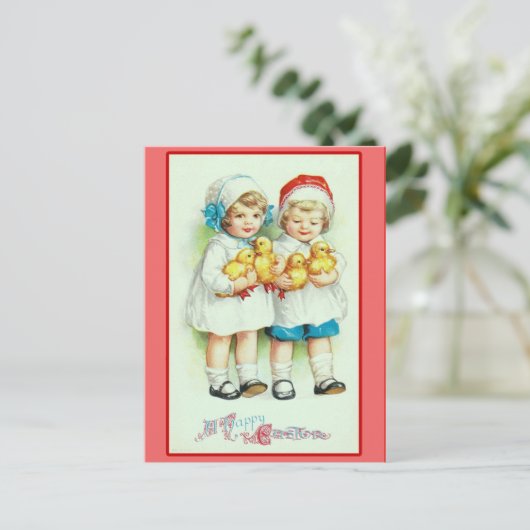女の子とベビーチックスヴィンテージイースターカード シーズンポストカード (スタンド正面)