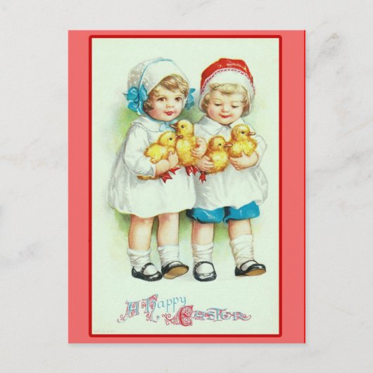 女の子とベビーチックスヴィンテージイースターカード シーズンポストカード (正面)