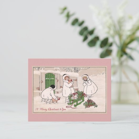 女の子とペット豚ヴィンテージクリスマス シーズンポストカード (スタンド正面)