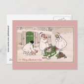 女の子とペット豚ヴィンテージクリスマス シーズンポストカード (正面/裏面)