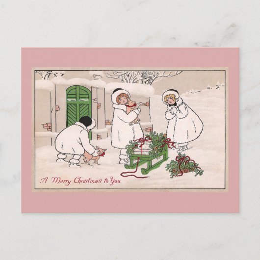 女の子とペット豚ヴィンテージクリスマス シーズンポストカード (正面)