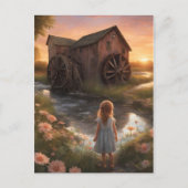 女の子とミルを夕焼け ポストカード (正面)