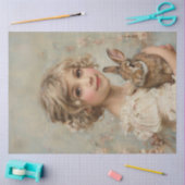 女の子と彼女のウサギのヴィンテージ絵を描のデコパージュ 薄葉紙 (クラフト)