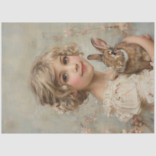 女の子と彼女のウサギのヴィンテージ絵を描のデコパージュ 薄葉紙 (正面)