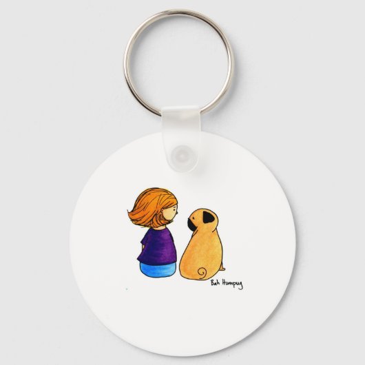 女の子と彼女のパグ（ブロンド） キーホルダー (正面)