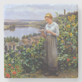 女の子と彼女のペットの鳩（若い女性と鳥） ストーンコースター