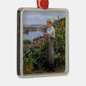 女の子と彼女のペットの鳩（若い女性と鳥） メタルオーナメント (右)