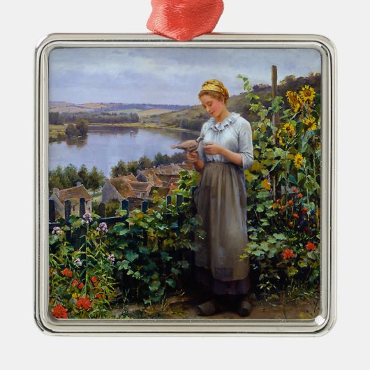 女の子と彼女のペットの鳩（若い女性と鳥） メタルオーナメント (正面)