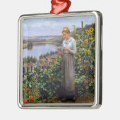 女の子と彼女のペットの鳩（若い女性と鳥） メタルオーナメント (左)