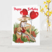 女の子と彼女のラブラドールとハートバルーン誕生日 カード (黄色い花)