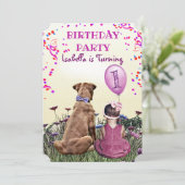 女の子と彼女の犬の紫の誕生日パーティー 招待状 (スタンド正面)