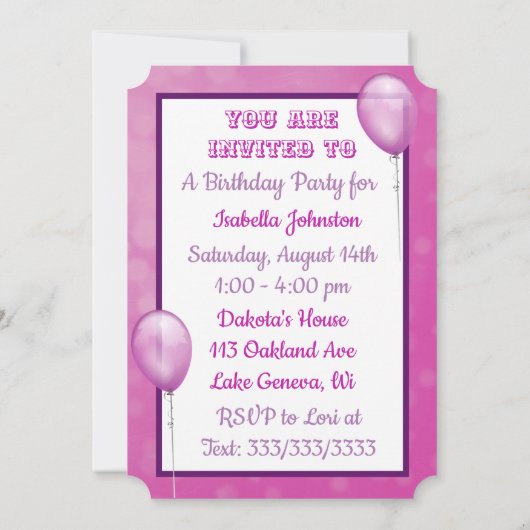 女の子と彼女の犬の紫の誕生日パーティー 招待状 (裏面)