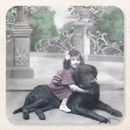 女の子と彼女の犬 スクエアペーパーコースター