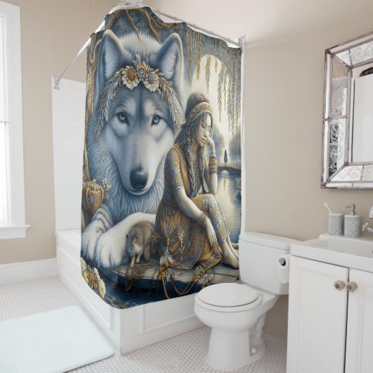 女の子と彼女の狼の共有瞬間 シャワーカーテン (インサイチュ)
