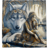 女の子と彼女の狼の共有瞬間 シャワーカーテン (正面)