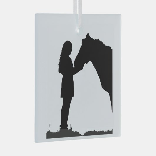 女の子と彼女の馬の愛のシルエット ガラスオーナメント (正面右)