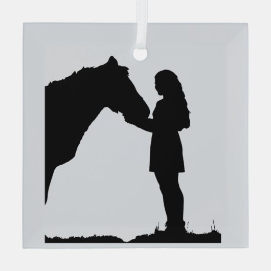 女の子と彼女の馬の愛のシルエット ガラスオーナメント (裏面)