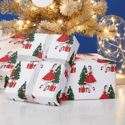 女の子と木のパターンを持つクリスマス紙 ラッピングペーパー (クリスマス)