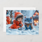 女の子と猫が登場する冬の魔法の日 シーズンポストカード (正面/裏面)
