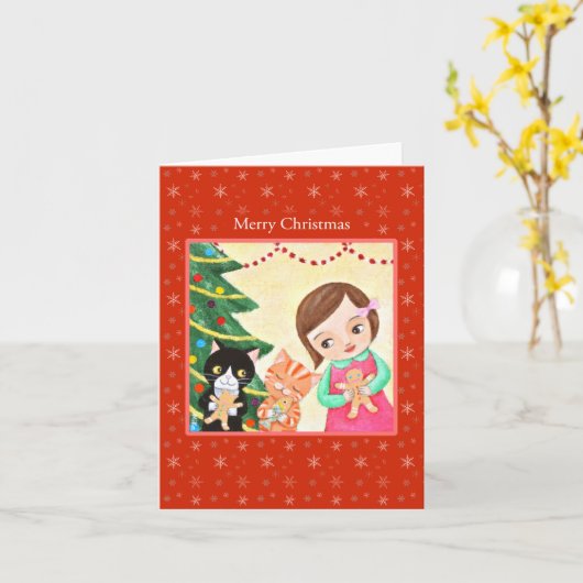 女の子と猫とジンジャーブレッドマンのスイートクリスマス カード (黄色い花)
