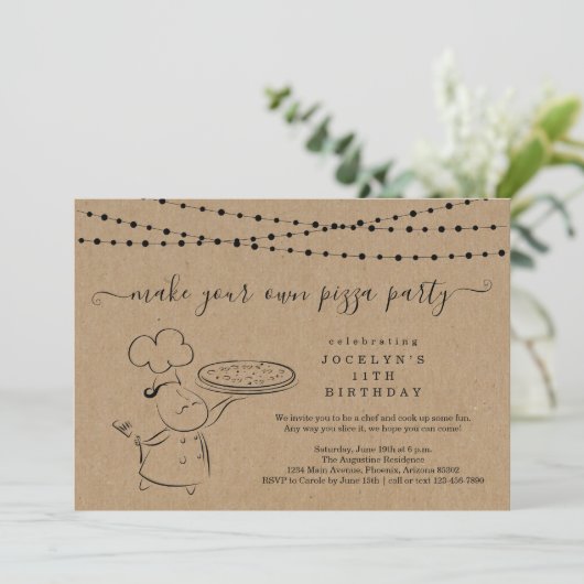 女の子と男の子のピザ作り誕生日パーティー 招待状 (スタンド正面)