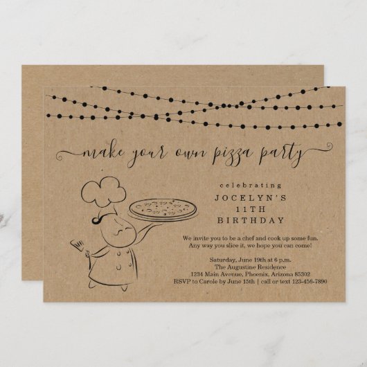 女の子と男の子のピザ作り誕生日パーティー 招待状 (正面/裏面)