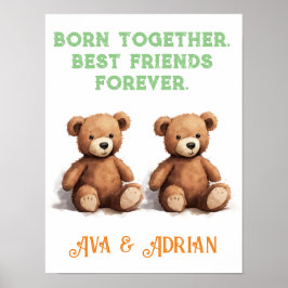 女の子と男の子の双子の子供部屋、ヴィンテージテディベア、 ポスター