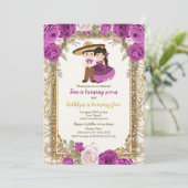 女の子と男の子の紫と金の誕生日招待状 招待状 (スタンド正面)
