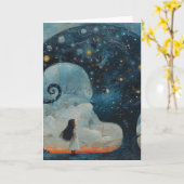 女の子と超現実的な青いファンタジーツリー カード (黄色い花)